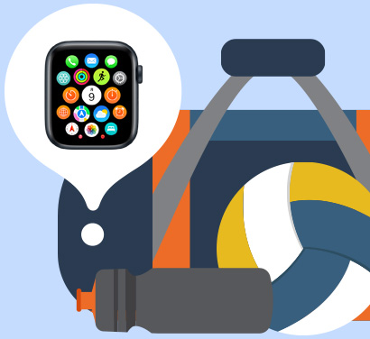 バッグのイラスト。Apple Watchが吹き出しの中に表示され、バッグの中のどこにあるかを示している