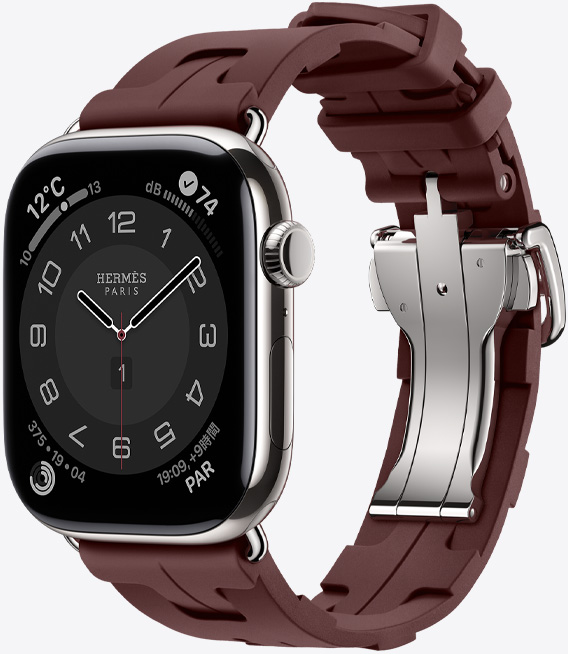 シルバーチタニウムケースのApple Watch Hermès Series 11。ボルドーのキリムストラップに、簡(jiǎn)単に取り外せるシルバーのメタルバックルが付いている