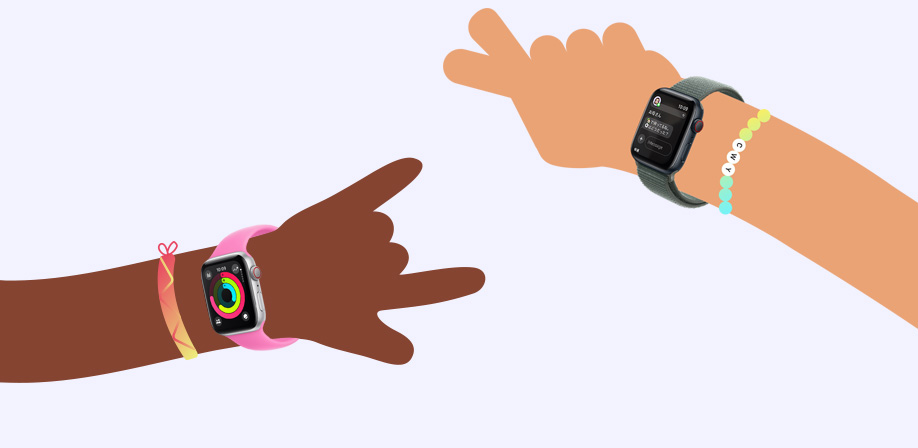 アクティビティリングが表示されたApple Watch SEを裝著した子どもの腕のイラスト。その隣に、メッセージアプリが表示されたApple Watch SEを裝著した子どもの腕が描かれている