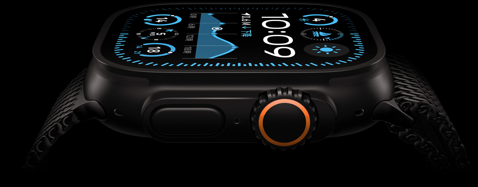 Apple Watch Ultra 2のブラックチタニウムケースのスクリーン。時刻、気溫、ライブアクティビティが表示されている