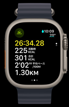 オープンウォータースイミングの時間、カロリー、ペースを表示しているApple Watch Ultra 2