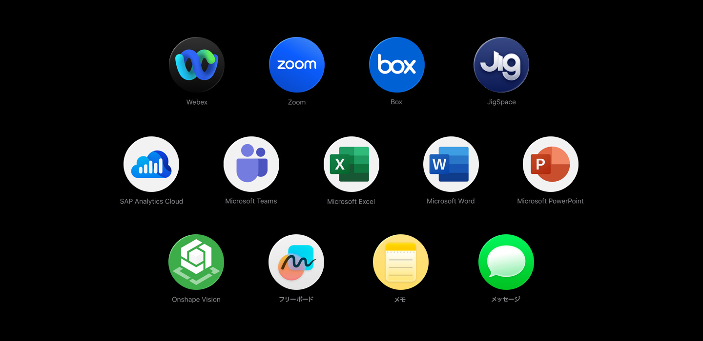 Webex、Zoom、Box、JigSpace、SAP Analytics Cloud、Microsoft Teams、Microsoft Excel、Microsoft Word、Microsoft Powerpoint、Onshape Vision、フリーボード、メモ、メッセージなど、様々なアプリのアイコンが散らばっている