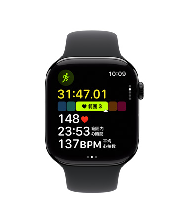 Apple Watch Series 10、ブラックスポーツバンド、前面、UIにワークアウト、ランニング（屋外）、心拍數(shù)範囲が表示されている