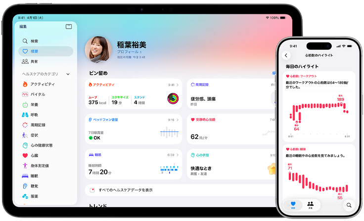 アクティビティ、周期記録、ヘッドフォンの音量、安靜時心拍數(shù)、睡眠、心の狀態(tài)など、健康に関する情報の概要を表示しているヘルスケアアプリ
