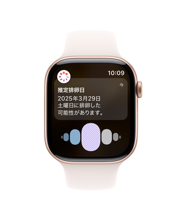 Apple Watch Series 10、ホワイトスポーツバンド、前面、UIに排卵と周期の履歴が表示されている