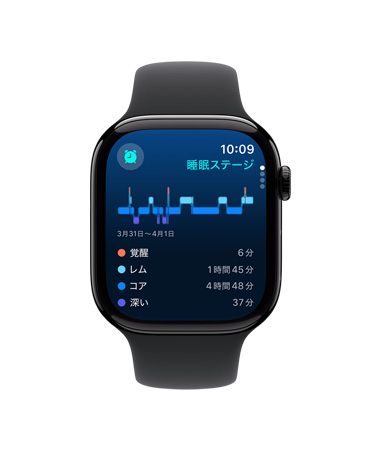 Apple Watch Series 10の前面、ブラックスポーツバンド、UIに睡眠アプリの睡眠ステージ、分析、睡眠時間が表示されている