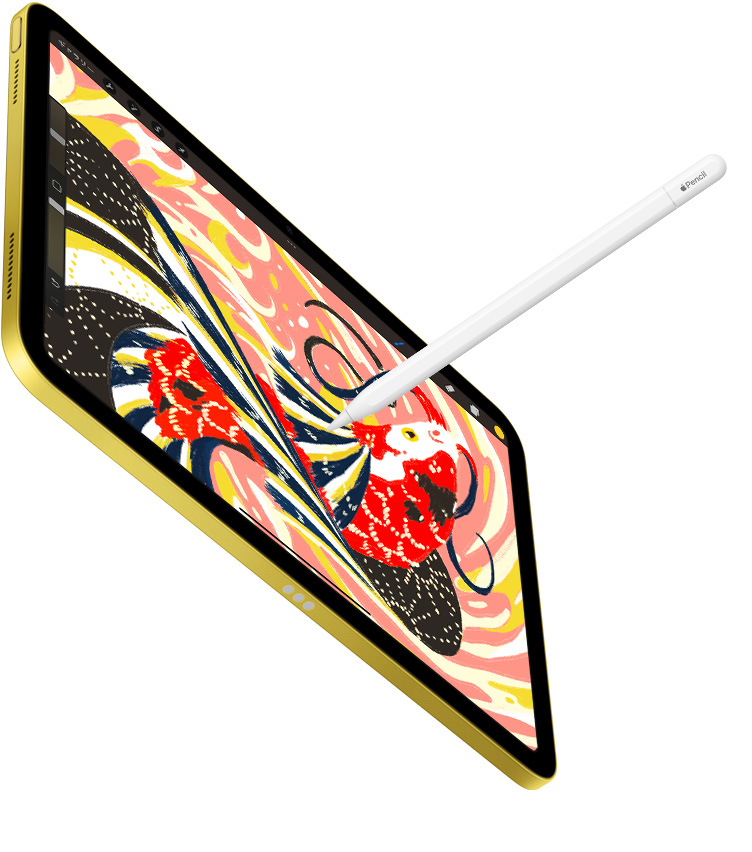 iPad上のProcreateアプリにカラフルな魚のイラストが表示されている。Apple Pencilを使ってiPad上に描き込んでいる