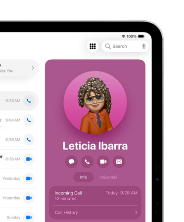 iPadの畫(huà)面の右前で電話アプリの連絡(luò)先カードが開(kāi)き、メッセージ、発信などのオプションが表示されている