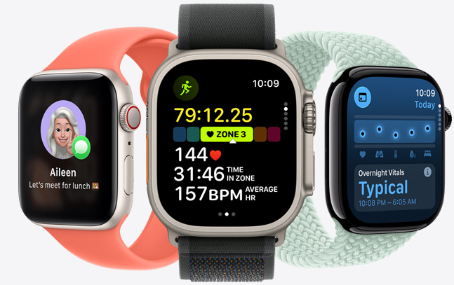 3つのApple Watchモデル。中央にはブラックのバンドを組み合わせたナチュラルカラーのモデルがあり、畫面に進行中のランニングと心拍數(shù)の測定値が表示されている。右側にはアクアマリンのバンドを組み合わせたジェットブラックのモデルがあり、畫面には夜間バイタルが表示されている。左側にはタンジェリンのバンドを組み合わせたスターライトのモデルがあり、畫面にはジェン文字とメッセージが表示されている