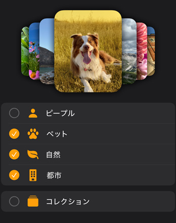 Apple Watchの複數(shù)の寫真の文字盤がフィルタメニューの上方に重ねて表示されている