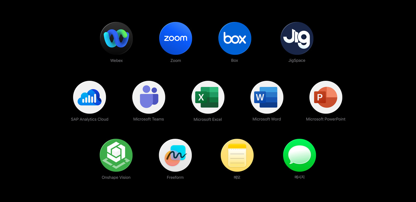 Webex, Zoom, Box, JigSpace, SAP Analytics Cloud, Microsoft Teams, Microsoft Excel, Microsoft Word, Microsoft PowerPoint, Onshape Vision, Freeform, ??, ??? ? ??? ? ???? ??? ?? ??