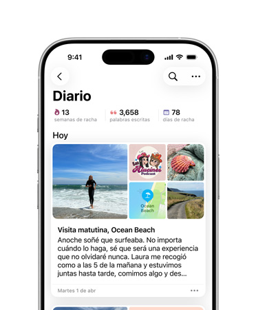Entrada diaria abierta en la app Diario, fotos de un día de playa y texto sobre los sue?os en un iPhone