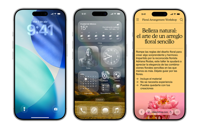 Dispositivos iPhone dispuestos uno al lado del otro que muestran algunos de los nuevos elementos de dise?o en iOS, como la pantalla bloqueada con los números de la hora translúcidos en Liquid Glass y una pantalla de inicio con íconos de apps translúcidos dise?ados con Liquid Glass