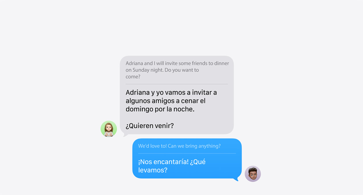Traducción en Vivo en Mensajes muestra un ejemplo de traducción automática entre espa?ol e inglés