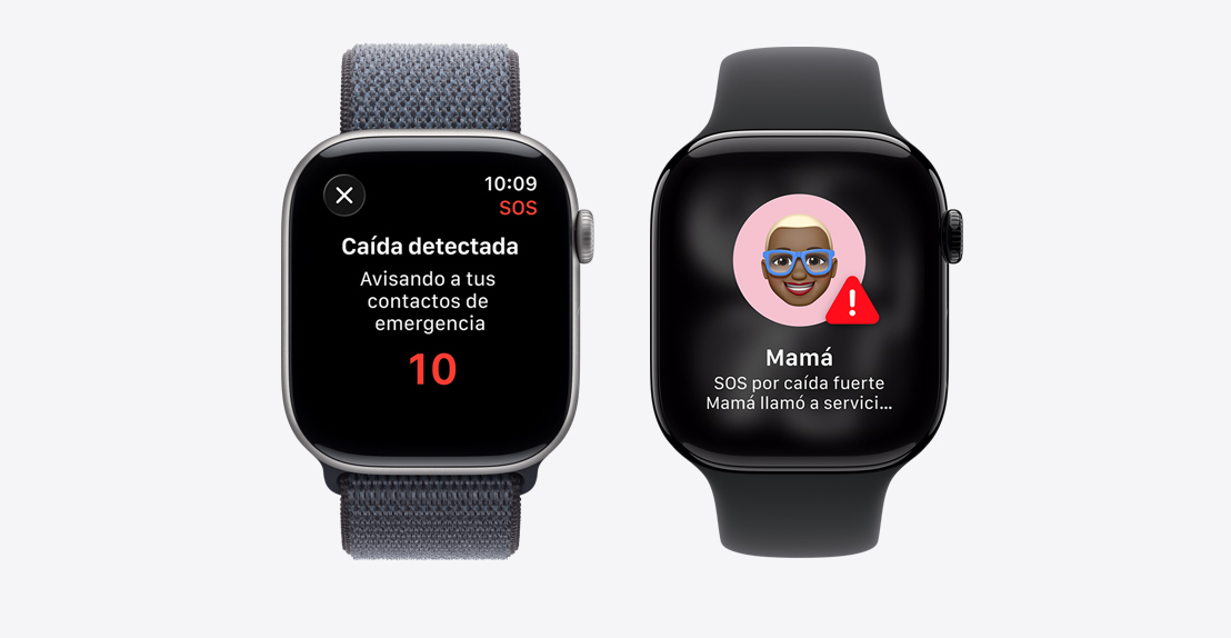 Apple Watch Series 11, notificación de Detección de Choques, botón de Llamada SOS, una segunda notificación dice: Mamá SOS por caída fuerte, mamá llamó a servicios de emergencia