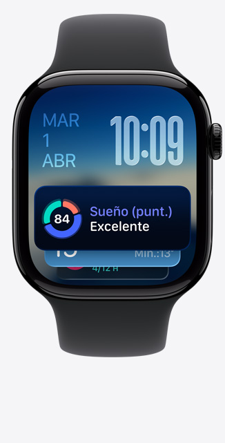 Apple Watch Series 11, caja de aluminio, negro azabache pulido, Pila Inteligente, alerta de Puntuación de Sue?o, parte lateral derecha, Digital Crown, correa deportiva negra