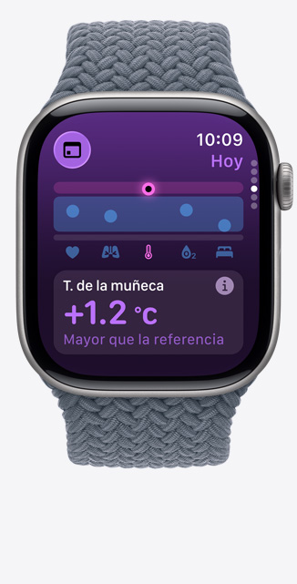 Apple Watch Series 11, caja de aluminio gris espacial, app Signos Vitales, gráfico con puntuaciones de salud, temperatura de la mu?eca superior al valor basal, parte lateral derecha, Digital Crown, correa uniloop trenzada azul ancla