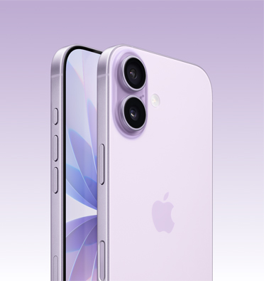 iPhone 17 in Lavender finish, partial-screen display and side angle shows - Action, volume and side button. Back exterior shows advanced dual-camera system in top left corner.