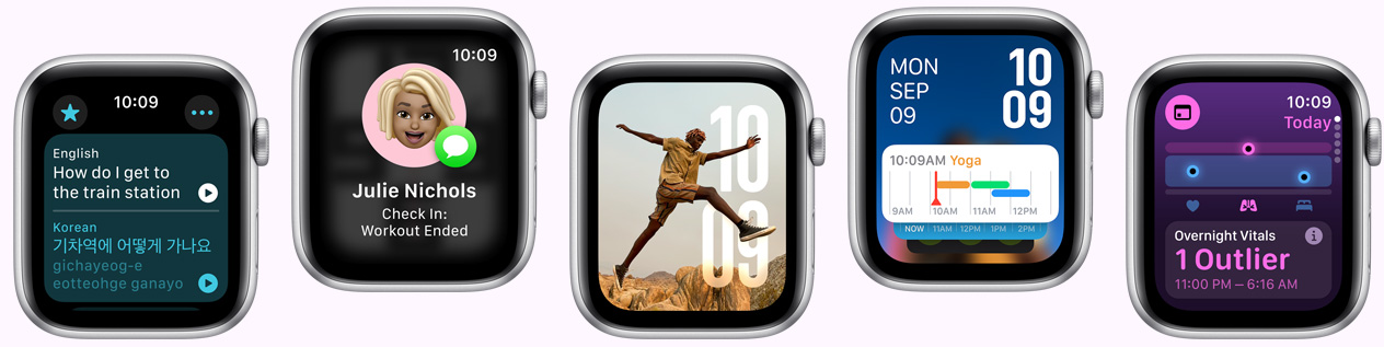 ?vairūs ?Apple Watch“ ?renginiai, rodantys skirtingus laikrod?io ciferblatus