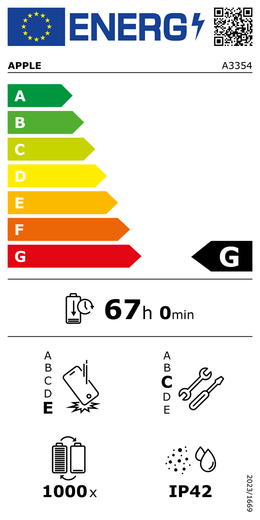 ES energomar?ējuma QR?kods un informācija, Apple modelis A3354, G klase, energoefektivitātes klases (sistēmā no A līdz G), no A (visefektīvākā) līdz G (visneefektīvākā), akumulatora izturība vienā ciklā, 67?stundas un 0?minūtes ar pilnībā uzlādētu akumulatoru, vairākkārtējas kritienizturības klase: E, no A (visizturīgākā) līdz E (visneizturīgākā), remontējamības klase: C, no A (visremontējamākā) līdz E (visneremontējamakā), akumulatora cikliskā izturība: 1000, korpusa aizsargātības pret putek?iem un ūdeni pakāpe (IP) IP42, Regula 2023/1669