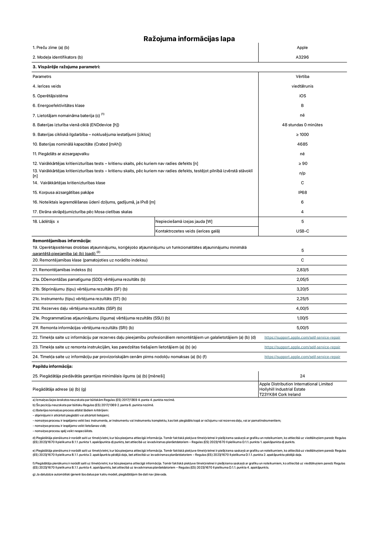 Produkta informācijas lapa – iPhone 16 Pro Max, modelis A3296. Piegādātājs: Apple Distribution International Limited, Hollyhill Industrial Estate. Korka, īrija T23 YK84. Ierīces veids: viedtālrunis. Operētājsistēma: iOS. Energoefektivitātes klase: B. Lietotāja pa?a spēkiem nomaināms akumulators: nē. Akumulatora izturība vienā ciklā: 48 stundas. Akumulatora cikliskā izturība – noklusējuma iestatījumi: lielāka par vai vienāda ar 1000. Akumulatora nominālā kapacitāte: 4685 mAh. Piegādāts ar aizsargapvalku: nē. Vairākkārtējas kritienizturības tests – kritienu skaits, pēc kuriem nav radies defekts: lielāks par vai vienāds ar 90. Vairākkārtējas kritienizturības tests – kritienu skaits, pēc kuriem nav radies defekts, testējot pilnībā izvērstā stāvoklī: nav piemērojams. Vairākkārtējas kritienizturības klase: C. Korpusa aizsargātības pakāpe: IP68. Noteiktais iegremdē?anas ūdenī dzi?ums, gadījumā, ja IPx8: 6 metri. Ekrāna skrāpējumizturība pēc Mosa cietības skalas: 4. Lādētājam nepiecie?amā izejas jauda: 5 vati. Lādētāja kontaktrozetes veids (ierīces galā): USB-C. Operētājsistēmas dro?ības atjauninājumu, kori?ējo?o atjauninājumu un funkcionalitātes atjauninājumu minimālā garantētā pieejamība: 5 gadi. Remontējamības klase: C. Remontējamības indekss: 2,83/5. Demontā?as pamatīguma (SDD) vērtējuma rezultāts: 2,05/5. Stiprinājumu vērtējuma rezultāts: 3,20/5. Instrumentu vērtējuma rezultāts: 1,00/5. Rezerves da?u vērtējuma rezultāts: 4,00/5. Programmatūras atjauninājumu vērtējuma rezultāts: 1,00/5. Remonta informācijas vērtējuma rezultāts: 5,00/5. Tīmek?a saite uz informāciju par rezerves da?u pieejamību profesionāliem remontētājiem un galalietotājiem: https://support.apple.com/self-service-repair. Tīmek?a saite uz remonta instrukcijām, kas paredzētas galalietotājiem: https://support.apple.com/self-service-repair. Tīmek?a saite uz informāciju par provizoriskajām cenām pirms nodok?u nomaksas: https://support.apple.com/self-service-repair. Piedāvātās garantijas standarta ilgums: 24 mēne?i.