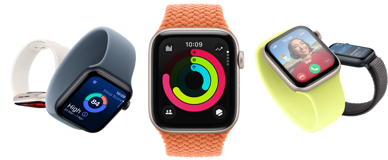 A series of Apple Watch SE devices in different orientations.