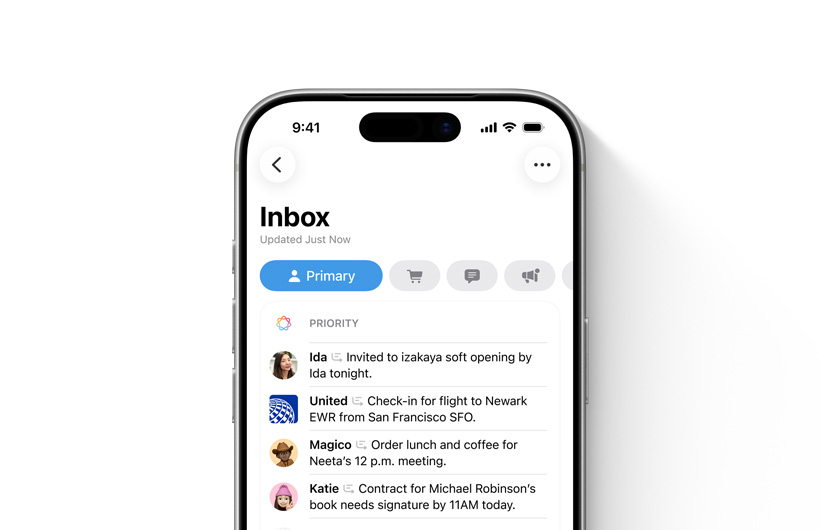 iPhone 展示郵件 app 的收件箱，重要訊息置於頂部