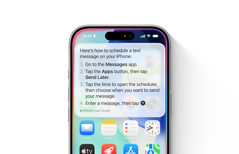 iPhone 顯示逐步指引，說明如何處理需要稍後傳送的文字訊息。