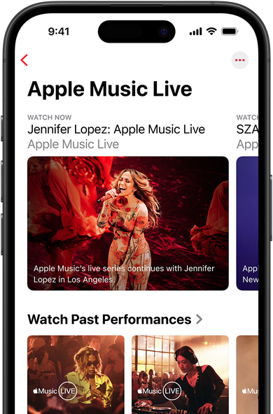 iPhone 上的 Apple Music Live 畫面，顯示「立即觀看」、過往演出，以及「Apple Music 百大專輯」等獨(dú)家內(nèi)容