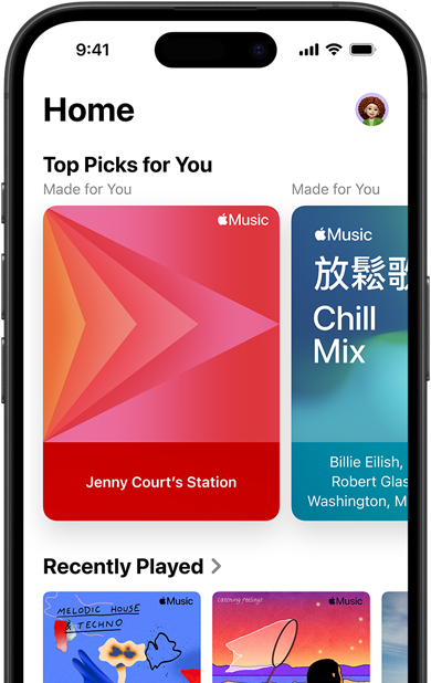 iPhone 上的 Apple Music「首頁(yè)」分頁(yè)畫面，「專屬精選推薦」卡片顯示 Jenny Court 的個(gè)人化電臺(tái)和歌單