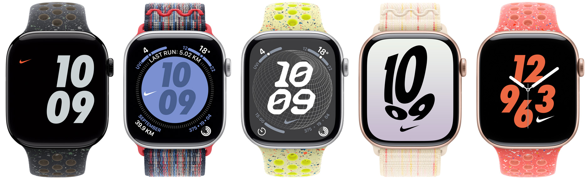 五款配上 Nike 運(yùn)動(dòng)錶帶及 Nike 運(yùn)動(dòng)手環(huán)的 Apple Watch 裝置，展示不同顏色的 Nike 錶面