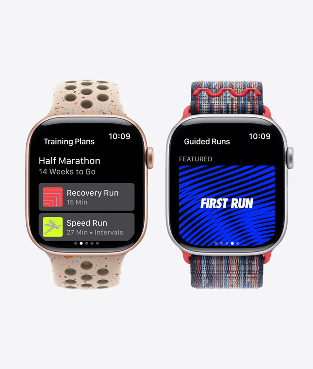 兩款 Apple Watch 裝置展示 Nike Run Club 功能，包括訓(xùn)練計(jì)劃及跑步指導(dǎo)