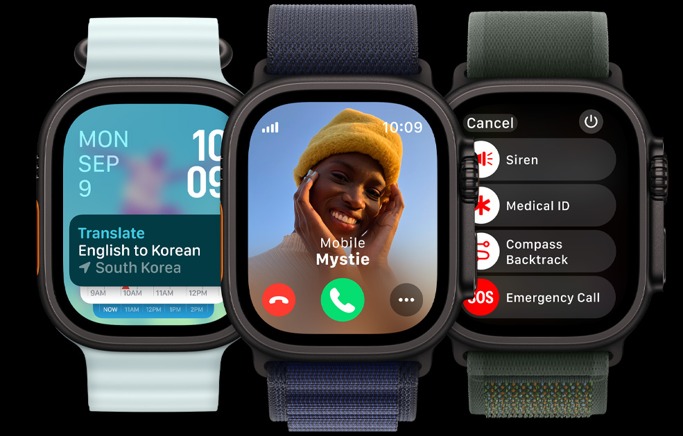 三個 Apple Watch Ultra 顯示器，一個顯示翻譯 app，另一個顯示來電，最後一個顯示警笛、醫(yī)療檔案、回溯功能及緊急電話的圖像。