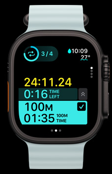 Apple Watch Ultra 2 顯示自訂體能訓練中的間歇訓練計時。