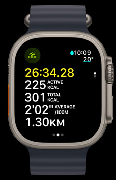 Apple Watch Ultra 2 顯示開放水域游泳的時間、卡路里及配速指標。