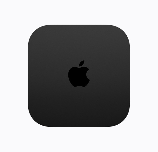 黑色 Apple TV 4K 機(jī)身俯視圖，呈現(xiàn)黑色光面 Apple TV 標(biāo)誌