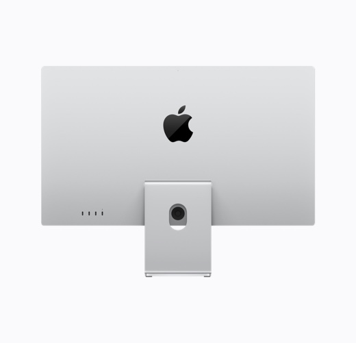 銀色 Apple Studio Display 配備可調(diào)校斜度座架，展示背部外觀，黑色光面 Apple 標(biāo)誌位於中央