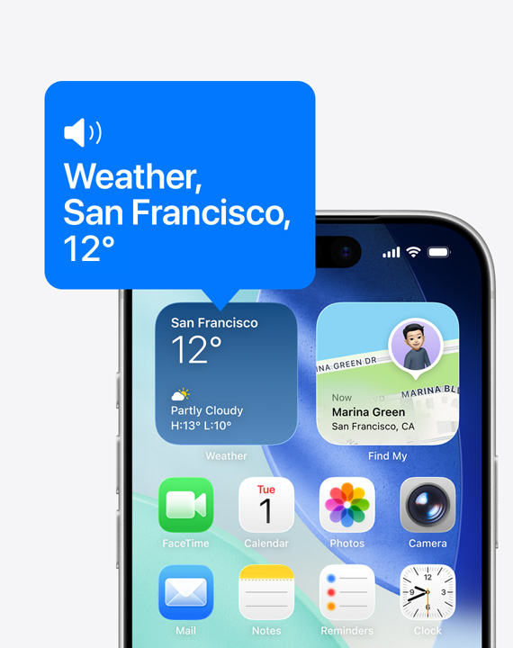 iPhone 主畫面，圖像展示旁白功能正在朗讀天氣小工具的內(nèi)容