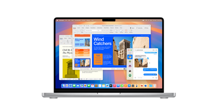 在 MacBook Pro M4 展示 Microsoft PowerPoint 和訊息等 app。