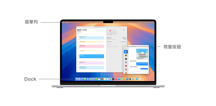 macOS 的介面導(dǎo)覽，展示 MacBook 裝置顯示螢?zāi)簧戏降倪x單列，以及視窗按鈕和 Dock。