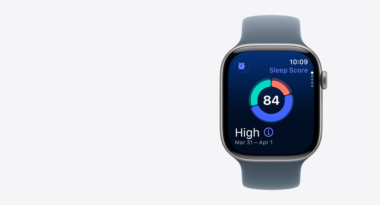 Apple Watch Series 11，太空灰鋁金屬錶殼，顯示睡眠分?jǐn)?shù)畫(huà)面