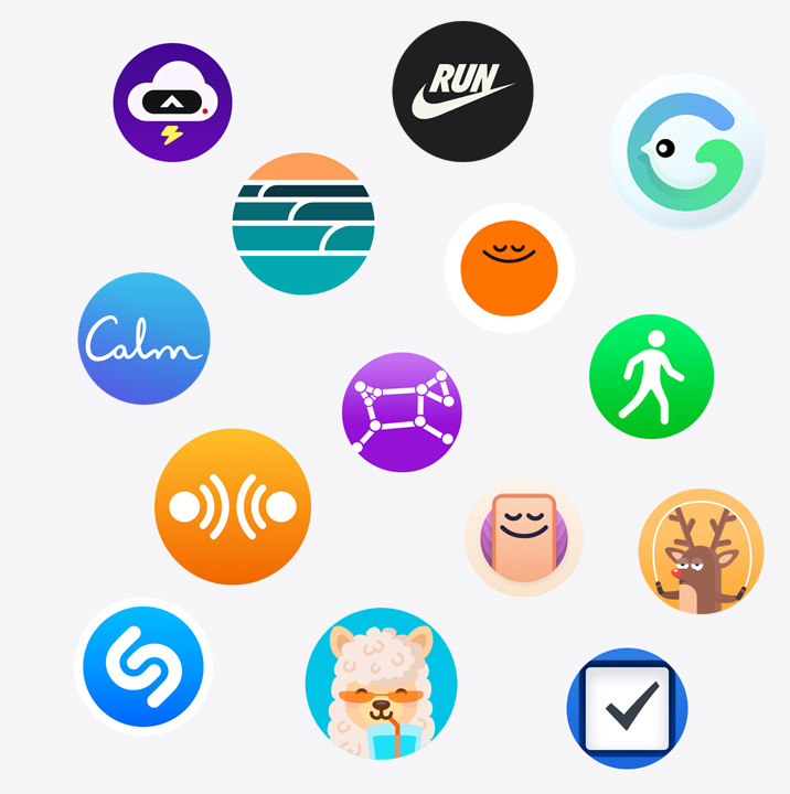 Apple Watch app 圖像，包括 Nike Run Club、Calm、Waterllama 等