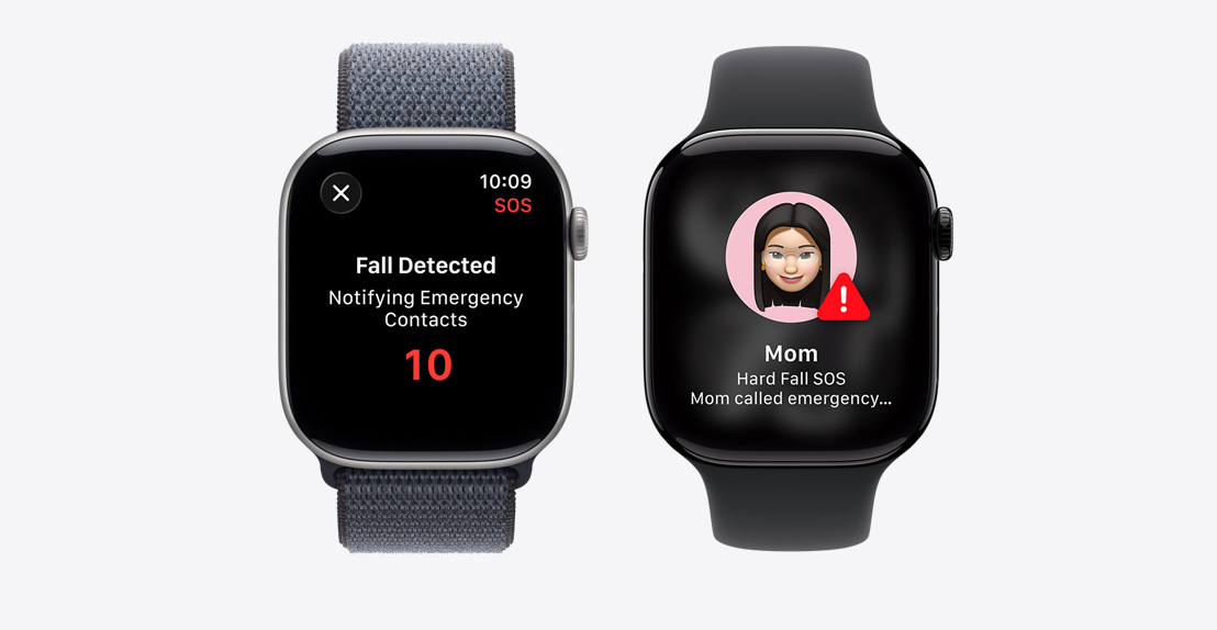 Apple Watch Series 11，螢?zāi)伙@示跌倒偵測通知，第二則通知顯示「Mom took a hard fall and has called emergency services」
