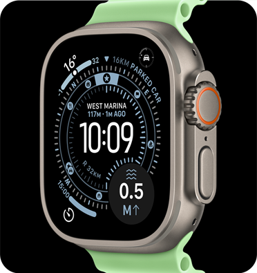 Apple Watch Ultra 3，原色鈦金屬錶殼，配搭霓虹綠色海洋錶帶，螢?zāi)伙@示定向運(yùn)動(dòng)錶面，複雜功能包括：天氣、泊車位置、計(jì)時(shí)器和水面距離；右側(cè)外觀、數(shù)碼錶冠、咪高風(fēng)和側(cè)邊按鈕