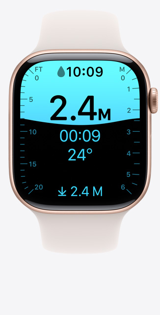 Apple Watch Series 10 的正面，水深 app 畫面顯示潛水深達 2.4 米。