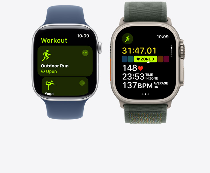 Apple Watch Series 10 及 Apple Watch Ultra 2 的正面，分別顯示瑜伽體能訓練畫面及含有多項指標的跑步體能訓練畫面。
