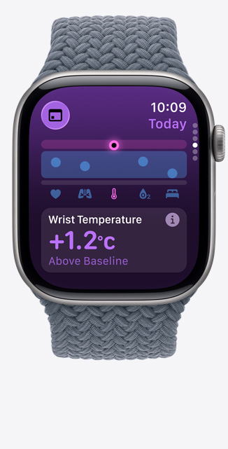Apple?Watch Series?11，太空灰鋁金屬錶殼，展示維生指數(shù) app、健康評分圖表、手腕溫度高於基準(zhǔn)通知、右側(cè)設(shè)有數(shù)碼錶冠，配搭錨鐵藍色編織單圈手環(huán)