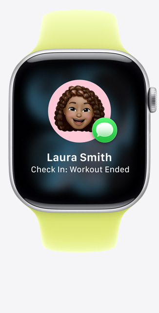 Apple?Watch Series?11，銀色鋁金屬錶殼，螢?zāi)伙@示「報平安」提示，以及朋友已完成健身的通知