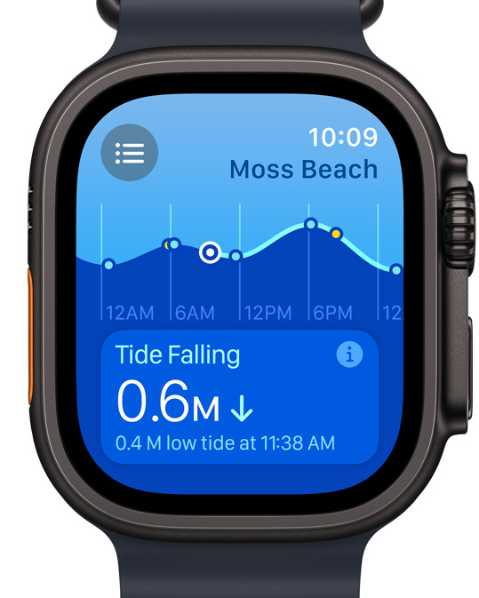 Apple Watch Ultra 螢?zāi)伙@示全新潮汐 app。