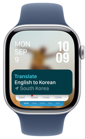 Apple Watch 螢?zāi)伙@示智慧型疊放中的翻譯 app 小工具。